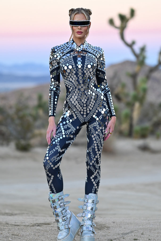 Perla luxury reflective mirror jumpsuit black - Borninstockholm