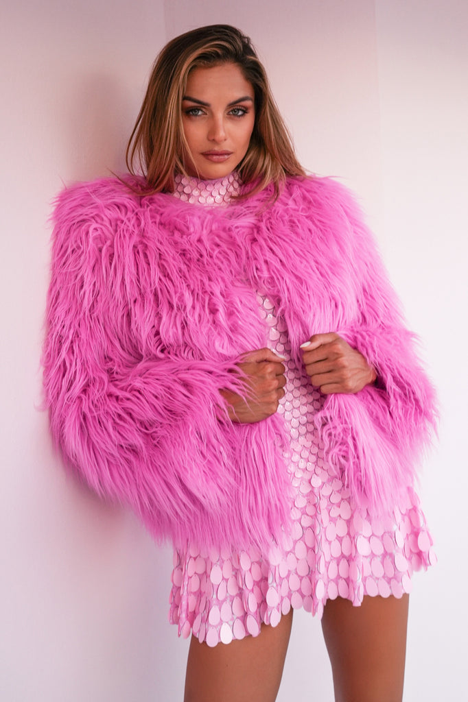 Simona faux fur jacket short pink - Borninstockholm