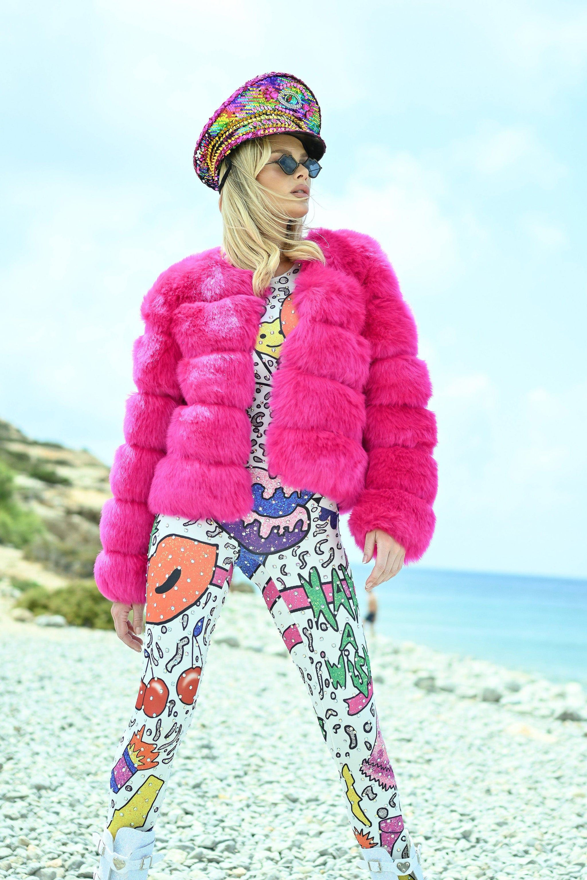 Eivissa faux fur jacket hot pink / Furry jacket for festivals