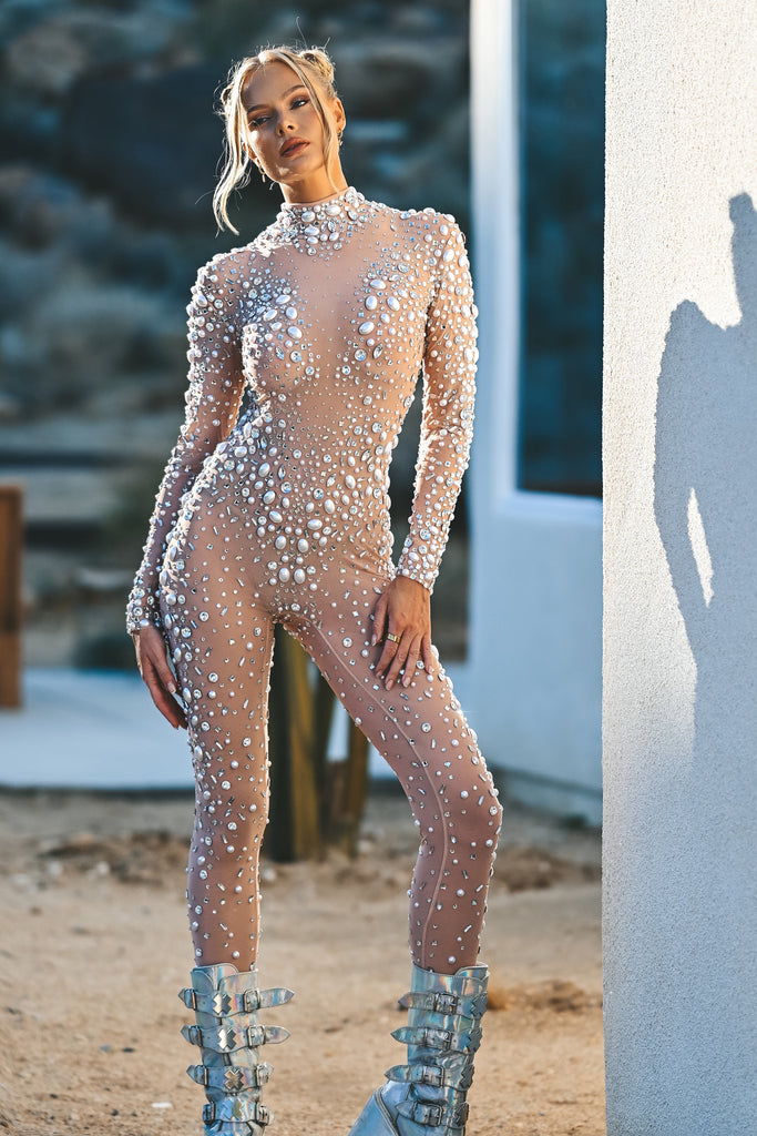 Faye rhinestone pearl mesh jumpsuit beige - Borninstockholm