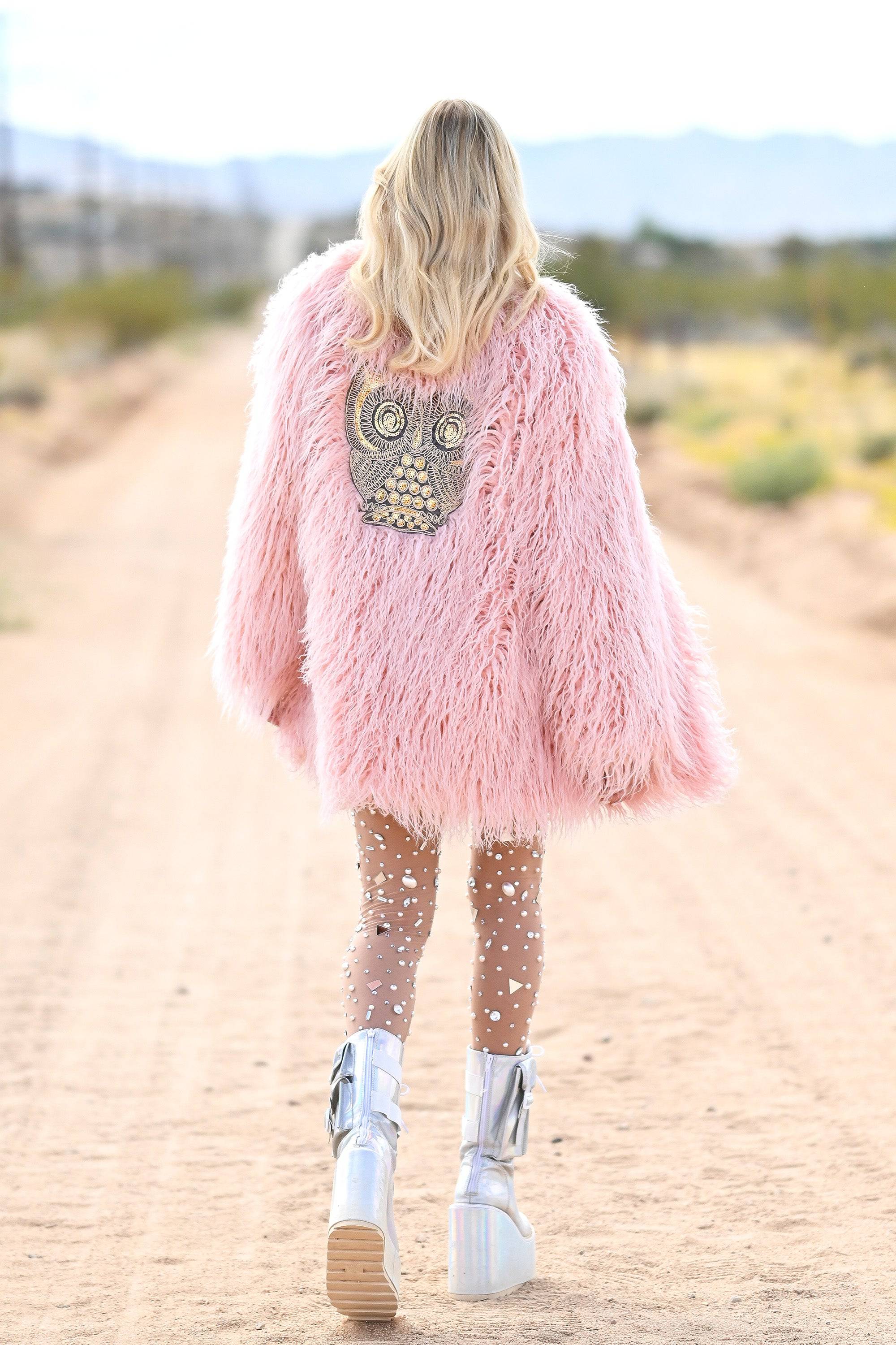 Furry Rave Jacket Freya faux fur jacket pink / Festival furry jacket / Jacket with patch ...