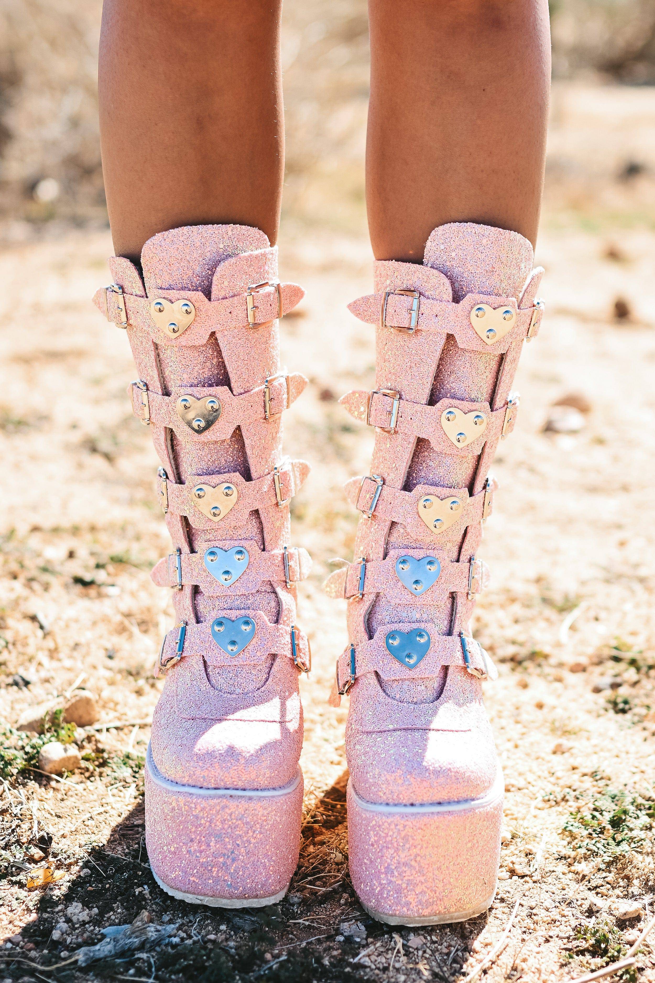 Ruby platform boots glitter pink / Rave Boots / Festival chunky boots ...