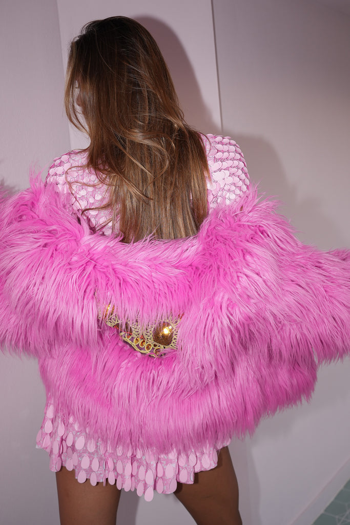 Simona faux fur jacket short pink - Borninstockholm