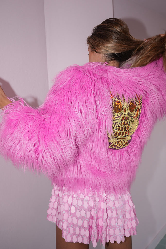 Simona faux fur jacket short pink - Borninstockholm