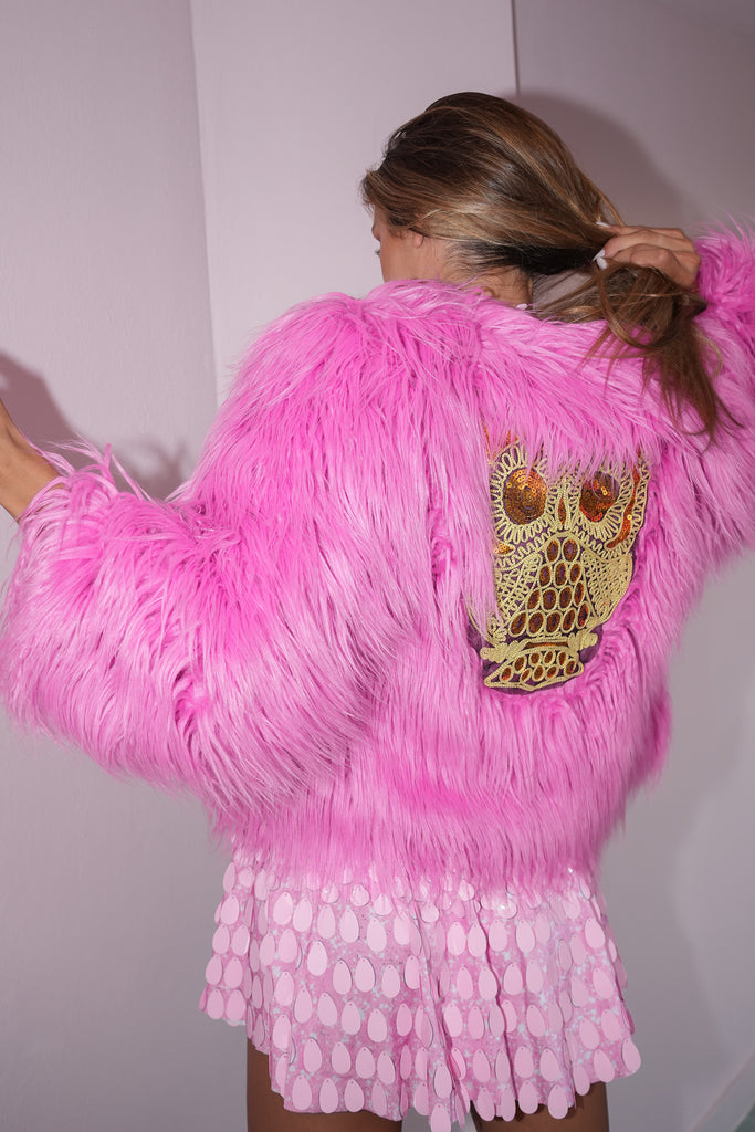 Simona faux fur jacket short pink - Borninstockholm