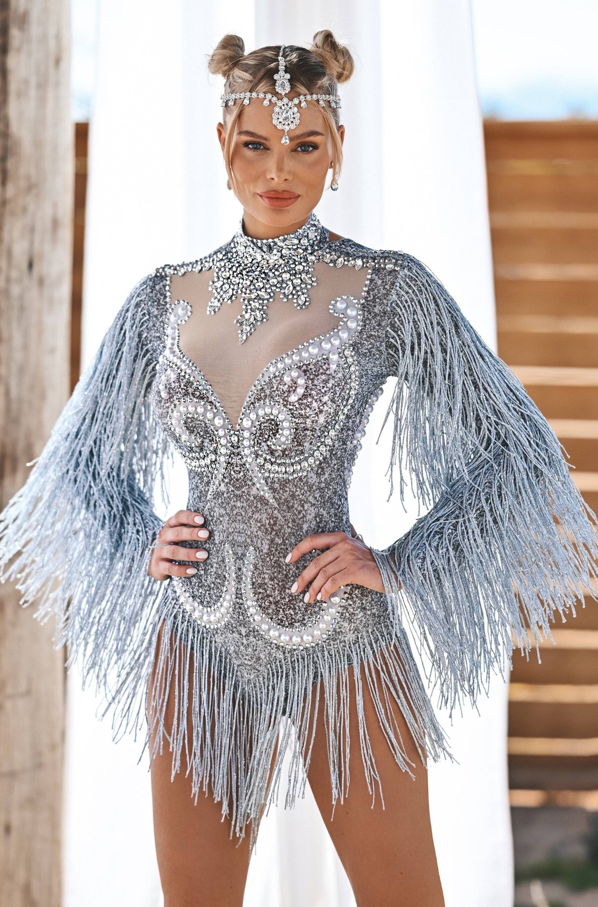 silver concert dress SHEIN ICON Silver Drop Shoulder Glitter Concert Outfits Tee Dress