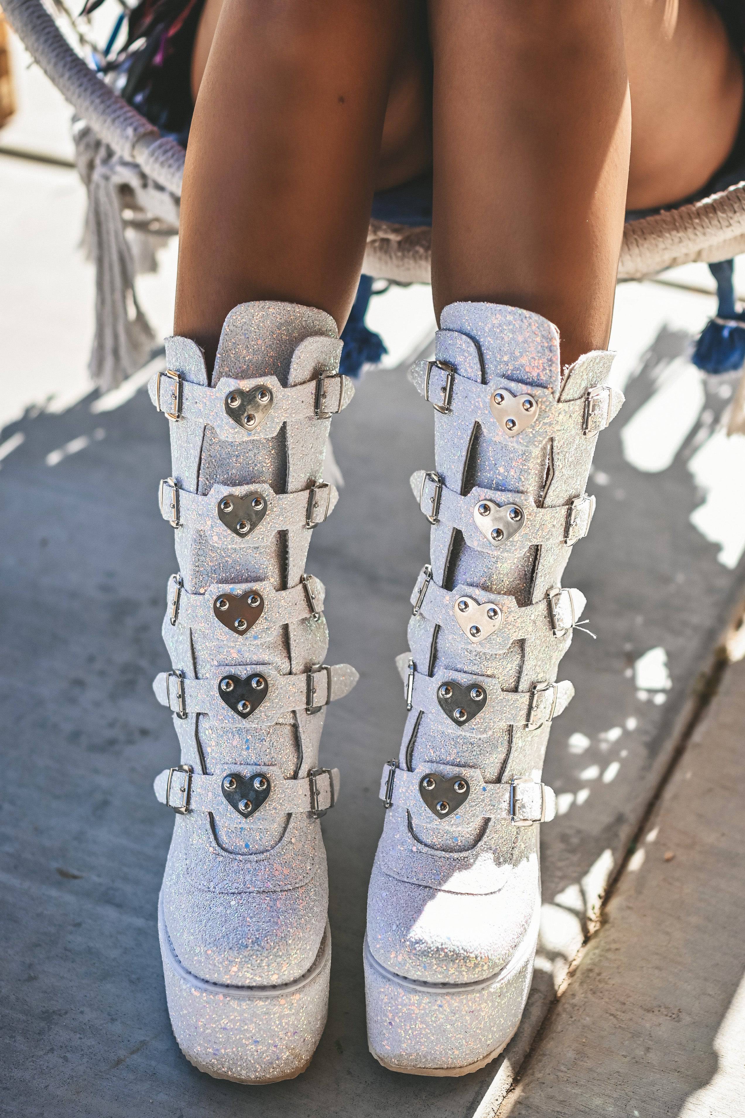 White Rave Platform Ruby platform boots glitter white / Rave boots / Festival boots ...