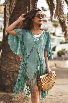 Aria beach fringe dress green - Borninstockholm